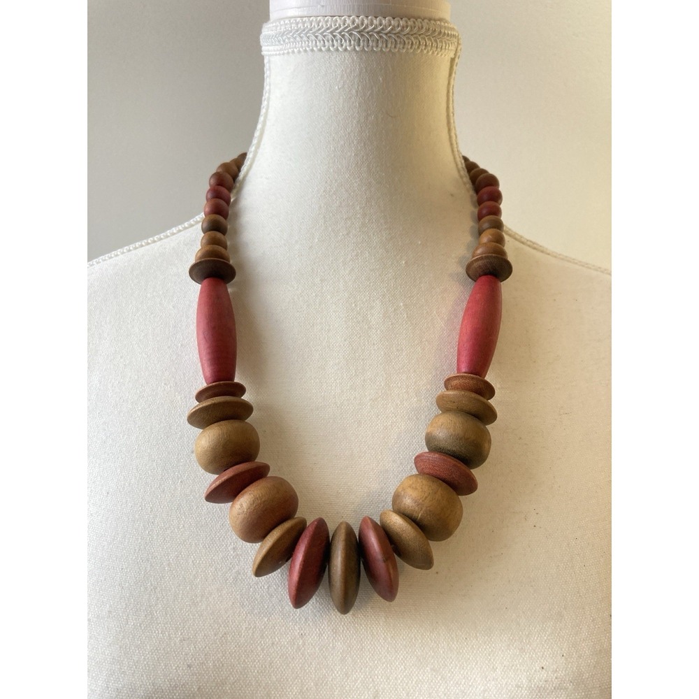 Artisan Red Brown Wooden Bead Statement Necklace Chunky Boho Tribal Style Earthy